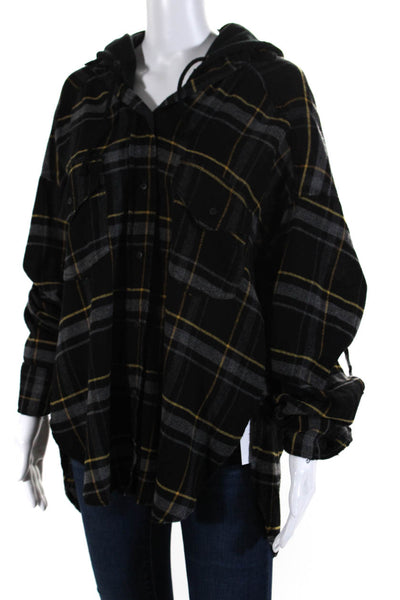 Sport The Kooples Womens Plaid Hooded Shirt Black Yellow Size Extra Small