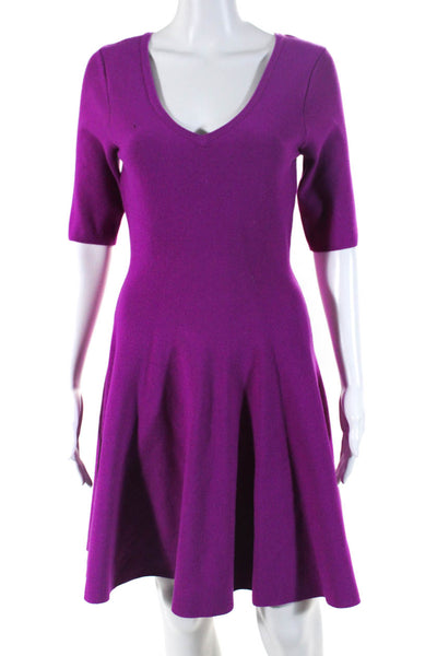 Milly Womens V Neck Short Sleeves A Line Sweater Dress Purple Size Small