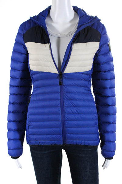 Orage Womens Full Zipper High Neck Puffer Blue Beige Size Extra Small