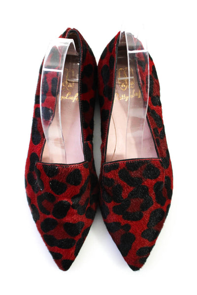 Pretty Loafers Womens Pointed Toe Leopard Pony Hair Loafers Red Black Size 35.5