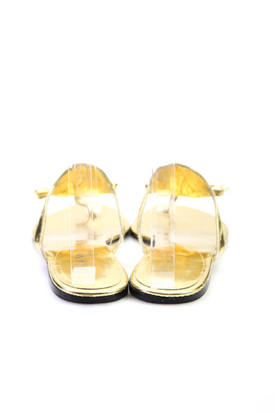 FS/NY Womens T Strap Logo Patent Leather T Strap Sandals Gold Tone Size 7.5