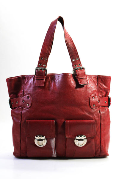 Marc Jacobs Womens Pebbled Leather Pocket Front Large Tote Handbag Red