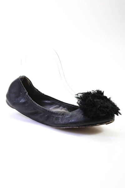 Tory Burch Womens Slip On Fringe Round Toe Ballet Flats Black Leather Size 6.5