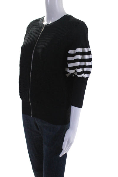 N By Nancy Womens Rippled Striped Sleeve Full Zip Jacket Black White Size S