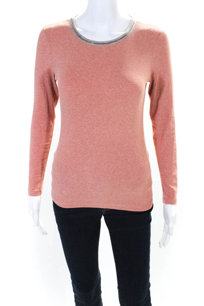 Peter Elliot Women's Ribbed Long Sleeve Embellished Crewneck Top Pink Size S