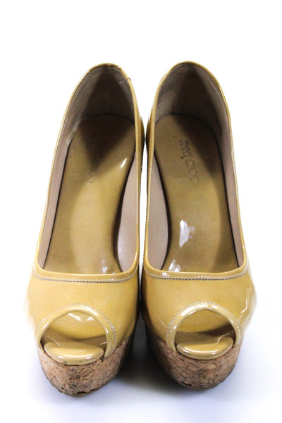 Jimmy Choo Womens Patent Leather Cork Peep Toe Platform Wedges Brown Tan Size 9