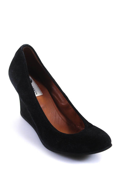 Lanvin Womens Suede Round Toe Wedges Pumps High Heels Black Size EUR 39 US 9