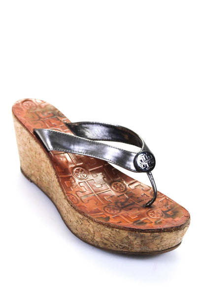 Tory Burch Womens Leather Platform Wedge Flip Flops Brown Silver Tone Size 9