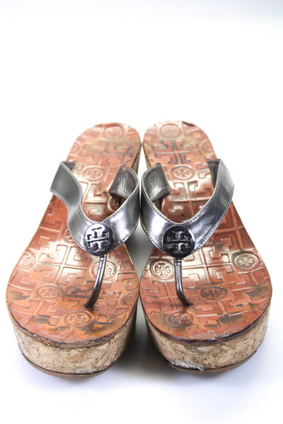 Tory Burch Womens Leather Platform Wedge Flip Flops Brown Silver Tone Size 9