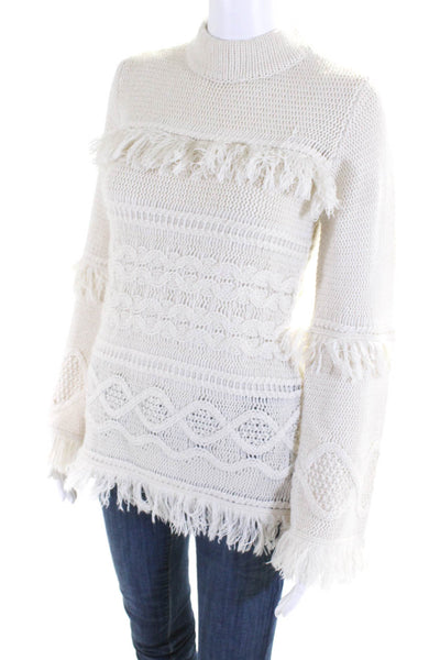 BB Dakota Womens Long Sleeve Mock Neck Fringe Trim Pullover Sweater Cream Size S