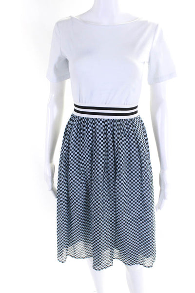 Custommade Womens Chiffon Checkered Elastic Waist A-Line Skirt Blue Size 36