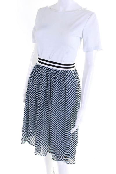 Custommade Womens Chiffon Checkered Elastic Waist A-Line Skirt Blue Size 36