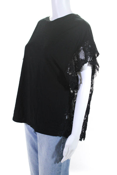 AG Women's Crewneck Short Sleeves Lace Cotton Blouse Black Size M