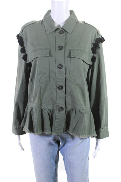 Zara Women's Collar Long Sleeves Button Up Tassel Jacket Olive Green Size M