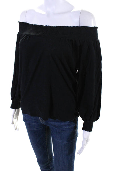 Nation LTD Womens Cotton Jersey Smocked V-Neck Long Sleeve Top Black Size XS