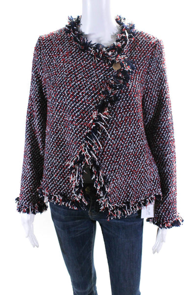 Cubic Womens Tweed Cardigan Sweater Red Navy Blue Size Large