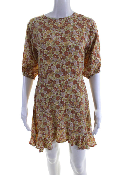 Faithfull The Brand Womens Crepe Floral 3/4 Sleeve Shift Dress Yellow Size 4
