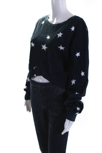 Pam & Gela Womens Cotton Knit Star Printed Sweater Pullover Top Navy Blue Size S