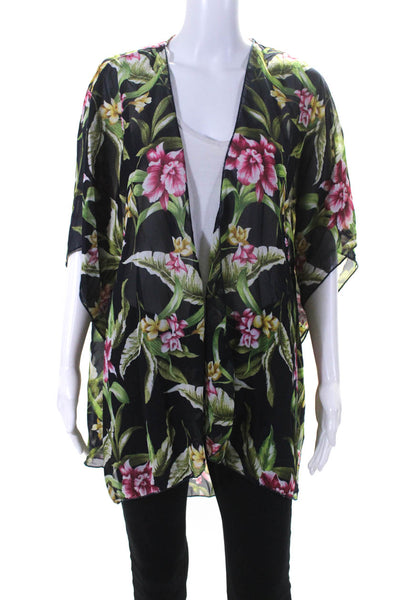 Emory Park Womens Floral Short Sleeved Open Front Robe Blue Green Pink Size L