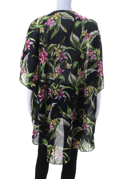 Emory Park Womens Floral Short Sleeved Open Front Robe Blue Green Pink Size L