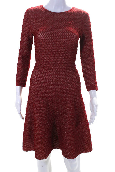 Issa London Womens Metallic Knit Long Sleeved Round Neck A Line Dress Red Size S