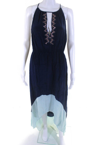 Chelsea Flower Womens Sleeveless Embellished Silk Keyhole Maxi Dress Blue Size S