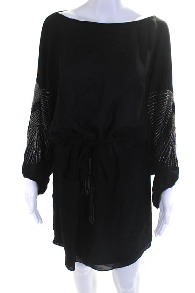 Parker Women's Embellished Half Sleeve Belted Silk Dress Black Size M