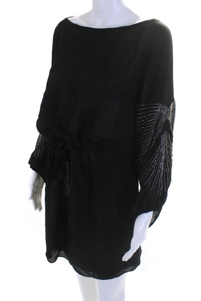 Parker Women's Embellished Half Sleeve Belted Silk Dress Black Size M