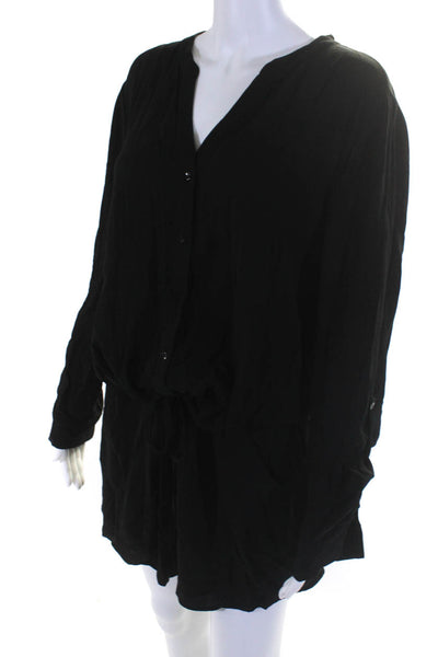 The Fisher Project Women's LS Button Down Tie Waist Silk Romper Black Size L