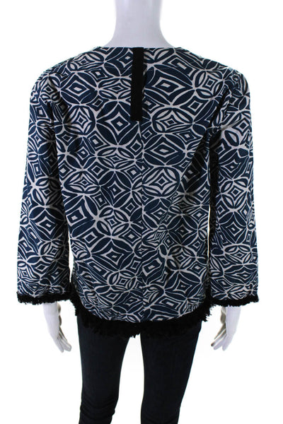 'S Max Mara Womens Round Neck Long Sleeved Fringe Blouse Blue White Black Size M