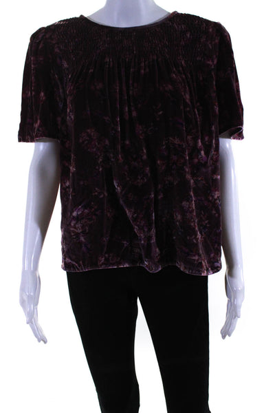 Rebecca Taylor Womens Floral Velvet Shirred Short Sleeved Blouse Purple Size 4