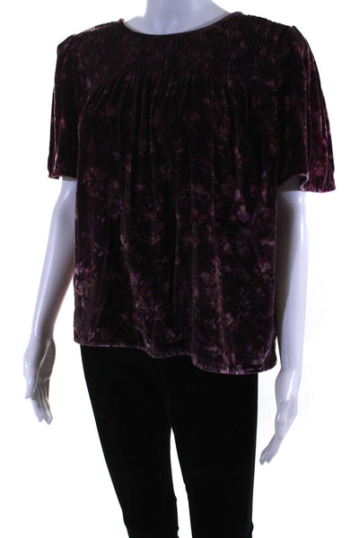 Rebecca Taylor Womens Floral Velvet Shirred Short Sleeved Blouse Purple Size 4