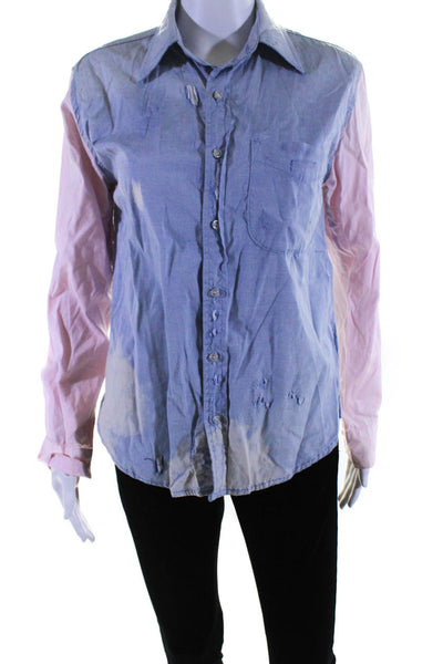 NSF Womens Tie Dyed Colorblock Long Sleeved Button Down Shirt Blue Pink Size P