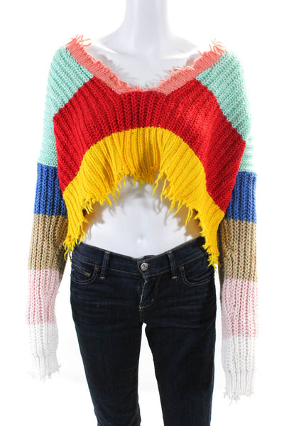 Wildfox Womens Cotton Striped Crew Neck Cut Off Crop Sweater Multicolor Size XS