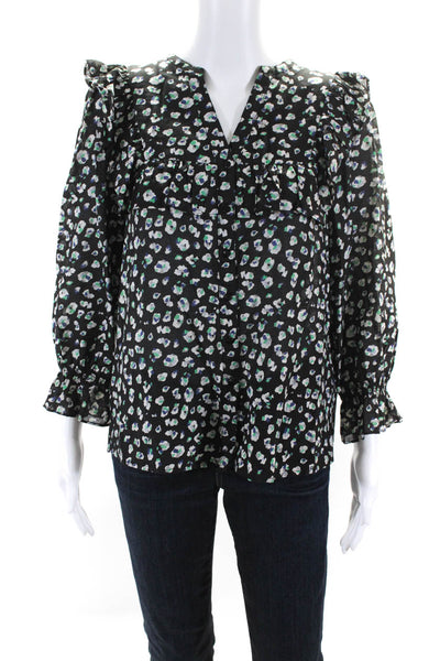 Ba&Sh Womens Floral Ruffle Y Neck Button Up Top Blouse Black White Green Blue XS