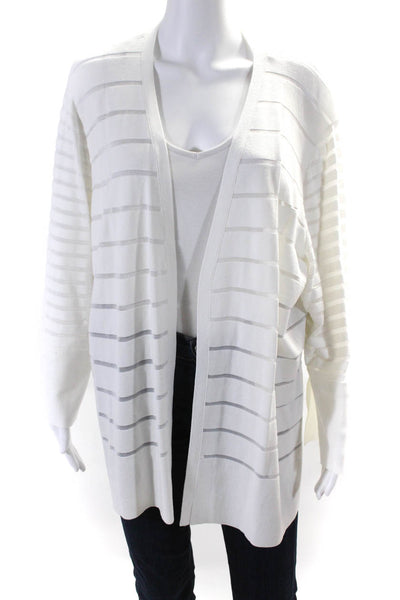 Lafayette 148 New York Womens Open Knit Striped Cardigan Sweater White Size 3X