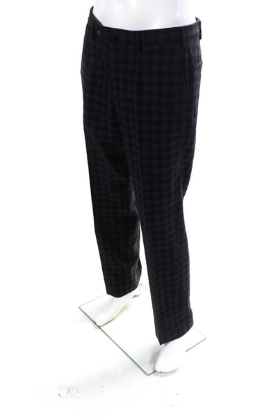 Isaia Napoli Mens Wool Plaid Front Pleat Button Closure Pants Navy Size 50 34