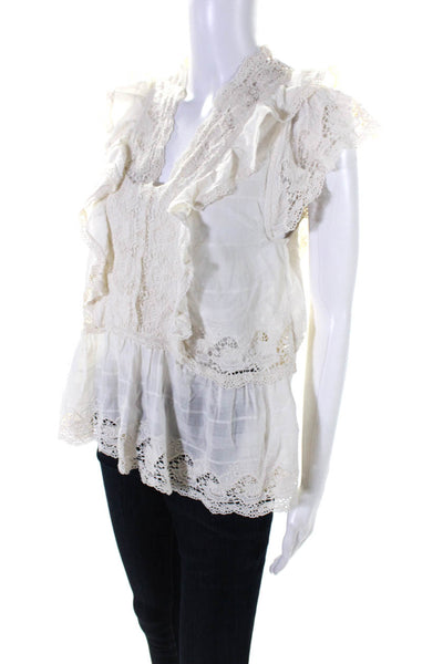 Misa Women's Sleeveless Embroidered V Neck Ruffle Blouse White Size XS