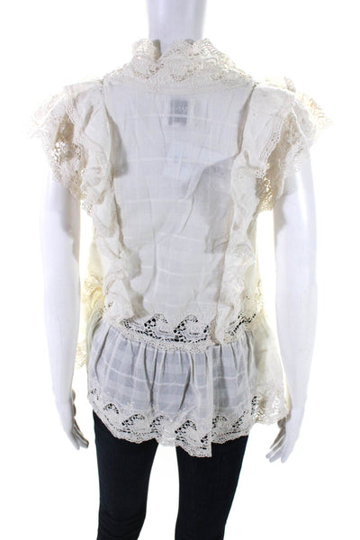 Misa Women's Sleeveless Embroidered V Neck Ruffle Blouse White Size XS