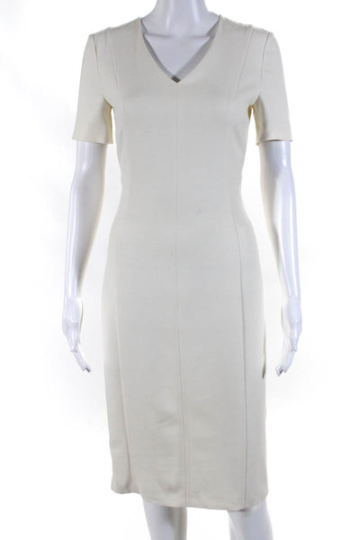 BOSS Womens Darted V-Neck Short Sleeve Back Zipped Midi Dress White Size 0
