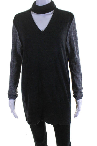 Tome Women's Wool V-Neck Long Sleeve Turtleneck Knit Top Black Size M