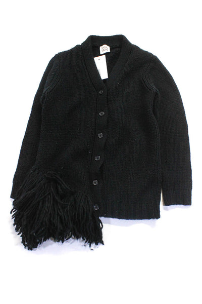 Douuod Girls Knit V-Neck Button Up Fringe Hem Sweater Cardigan Black Size 14Y