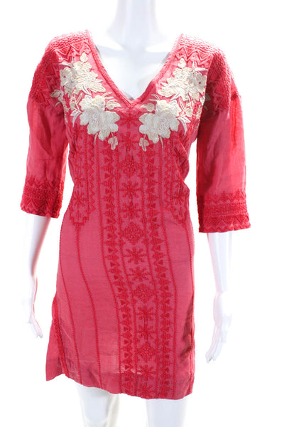Johnny Was Womens Cotton Floral Embroidered Long Sleeve Tunic Dress Pink Size S