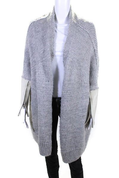 KaufmanFranco Womens Crochet Knit Draped Leather Trim Cardigan Sweater Gray XS