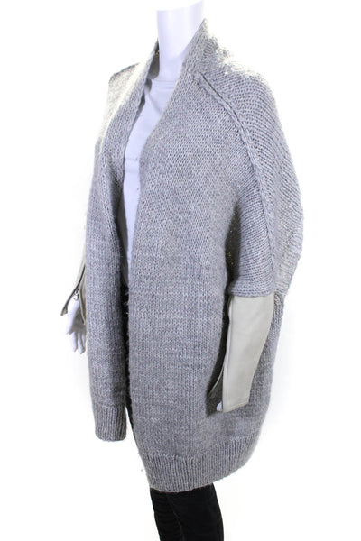 KaufmanFranco Womens Crochet Knit Draped Leather Trim Cardigan Sweater Gray XS