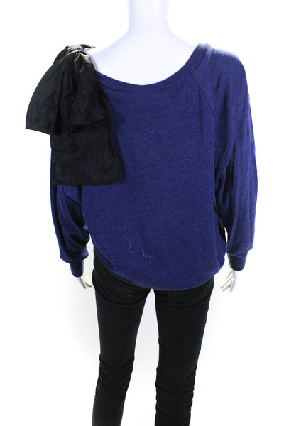 Thread Social Womens Long Sleeve Ruffled Trim Scoop Neck Shirt Blue Cotton XS/S