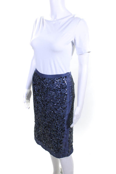 Antik Batik Womens Back Zip Sequin Silk Knee Length Pencil Skirt Blue Medium