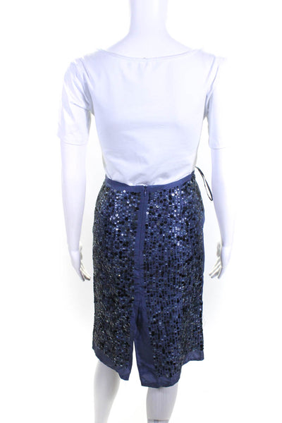 Antik Batik Womens Back Zip Sequin Silk Knee Length Pencil Skirt Blue Medium