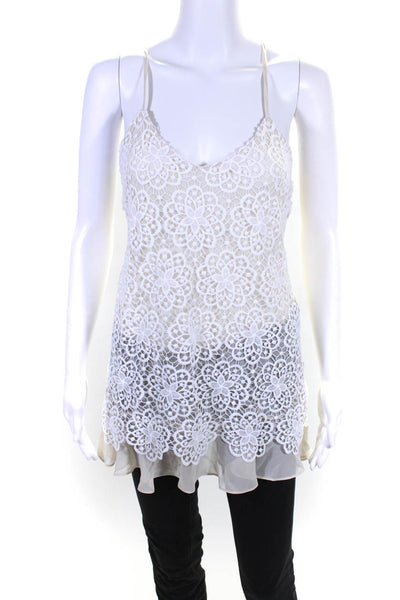 Rya Collection Womens Spaghetti Strap V Neck Lace Overlay Top White Beige Small