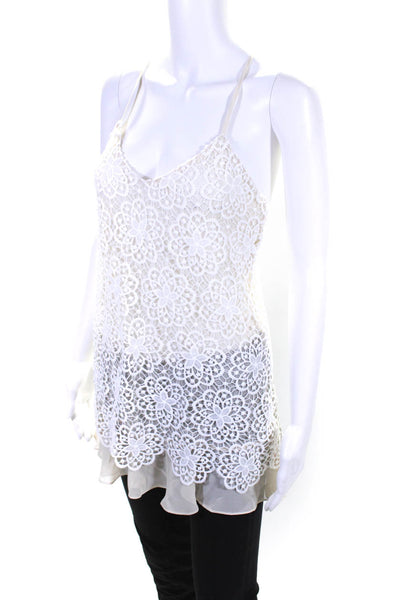 Rya Collection Womens Spaghetti Strap V Neck Lace Overlay Top White Beige Small